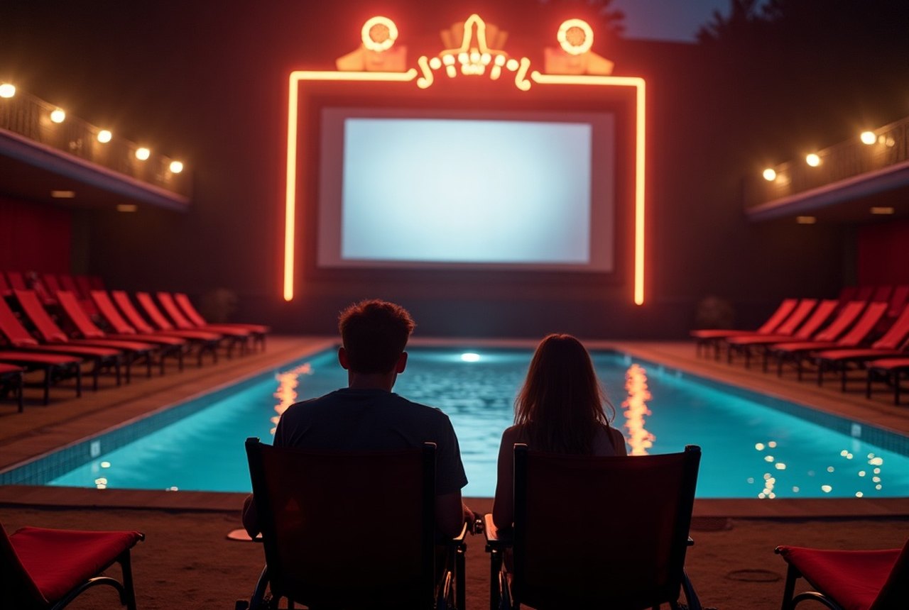 A father and young daughter silhouetted on sun-loungers by a shimmering hotel pool at dusk, seen through camcorder grain